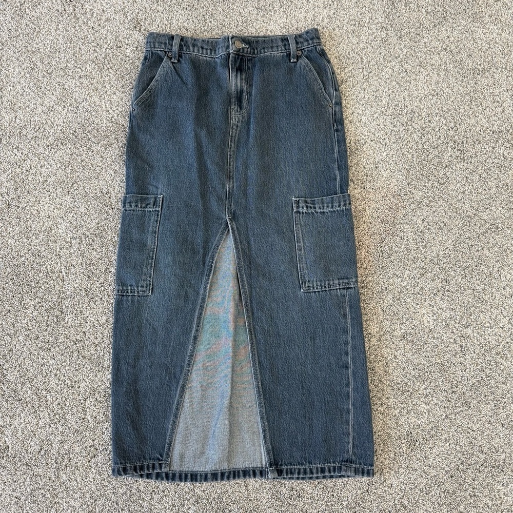 Old Navy Dark Wash Front Slit Mid Rise Denim Maxi Cargo Skirt Zip Women’s US 0